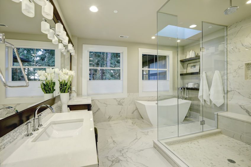 Amazing master bathroom with large glass walk in shower