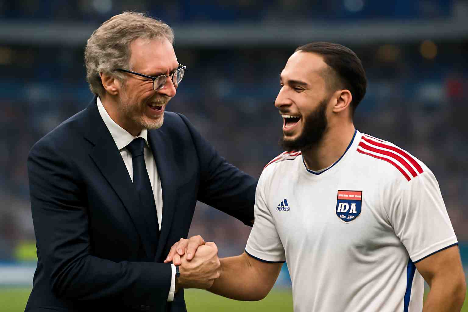 laurent blanc félicite rayan cherki, ancien joueur de l'ol, qualifié de « pépite » dont la passion du football lui permet de jouer sans pression.