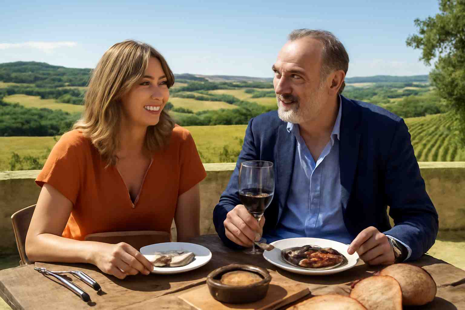 découvrez le déjeuner complice de mathilde seigner et antoine duléry au cœur du sud-ouest, un moment convivial entre deux talents du cinéma français.