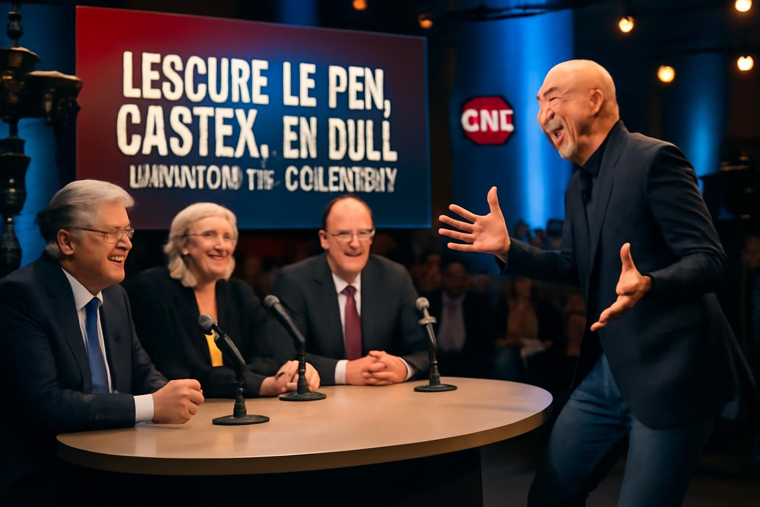 découvrez le duel d'humour entre lescure, le pen, castex et canteloup sur rmc, où l'actualité politique est revisitée avec humour et satire.