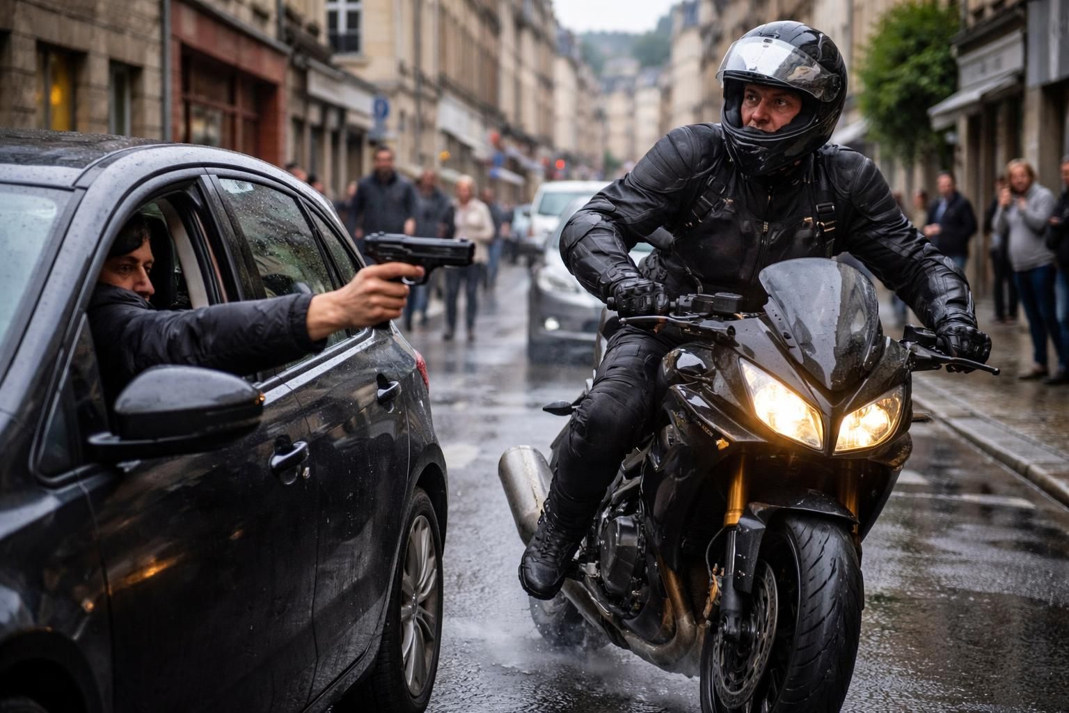 à vannes, un automobiliste met en danger un motard en exhibant une arme de poing factice, provoquant peur et tension sur la route.