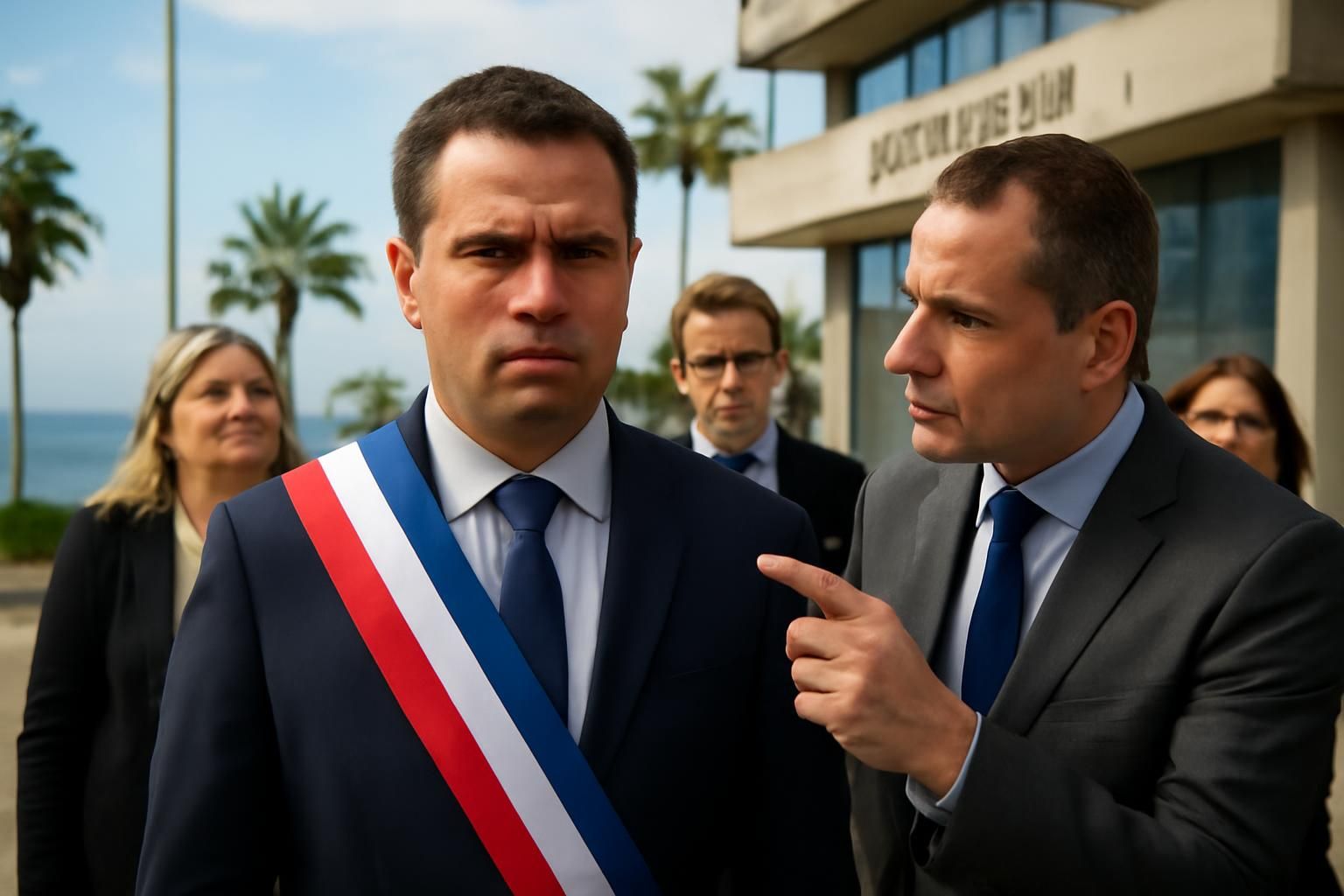 bryan masson, maire de cagnes-sur-mer, critiqué suite au retrait controversé du drapeau européen, suscitant un débat local et national.