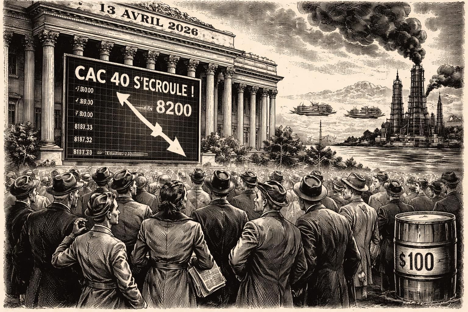 le cac 40 chute sous les 8 200 points le 13 avril 2026, impacté par les tensions géopolitiques au détroit d’ormuz et la montée du prix du pétrole à 100 $.