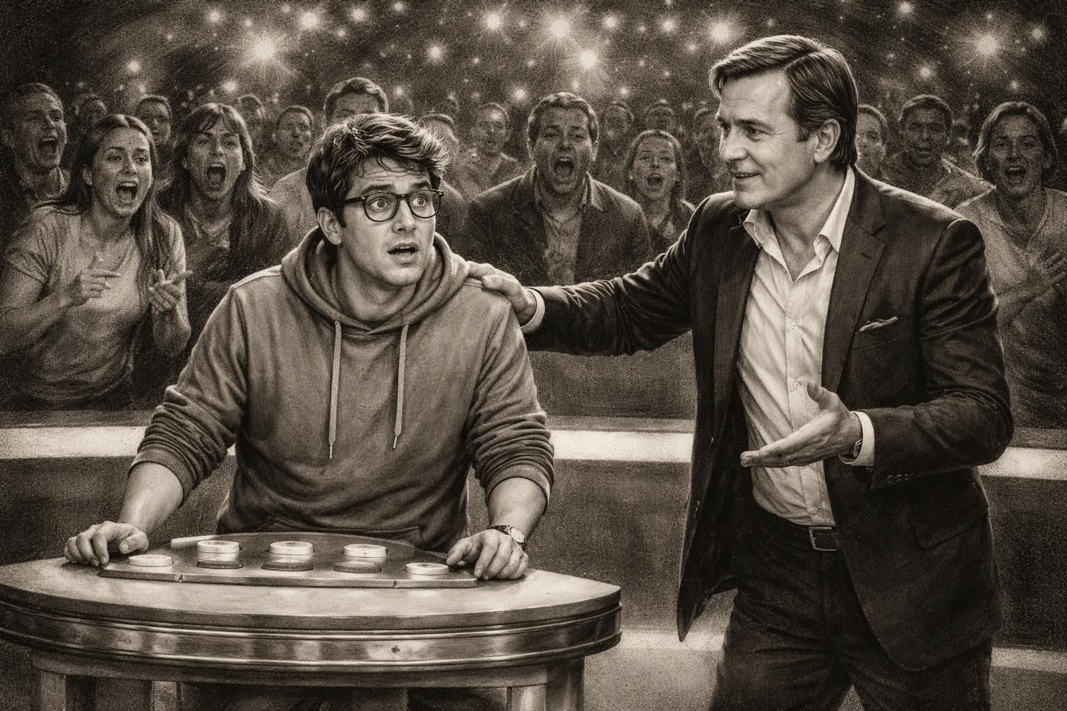 cyprien décontenancé par des spectateurs des 12 coups de midi, mais sauvée par l'intervention rapide et efficace de jean-luc reichmann.