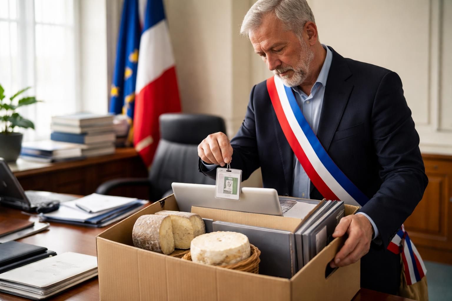 après sa défaite aux municipales, un ancien élu restitue son matériel de fonction décoré de fromage corse, une situation insolite qui fait parler.