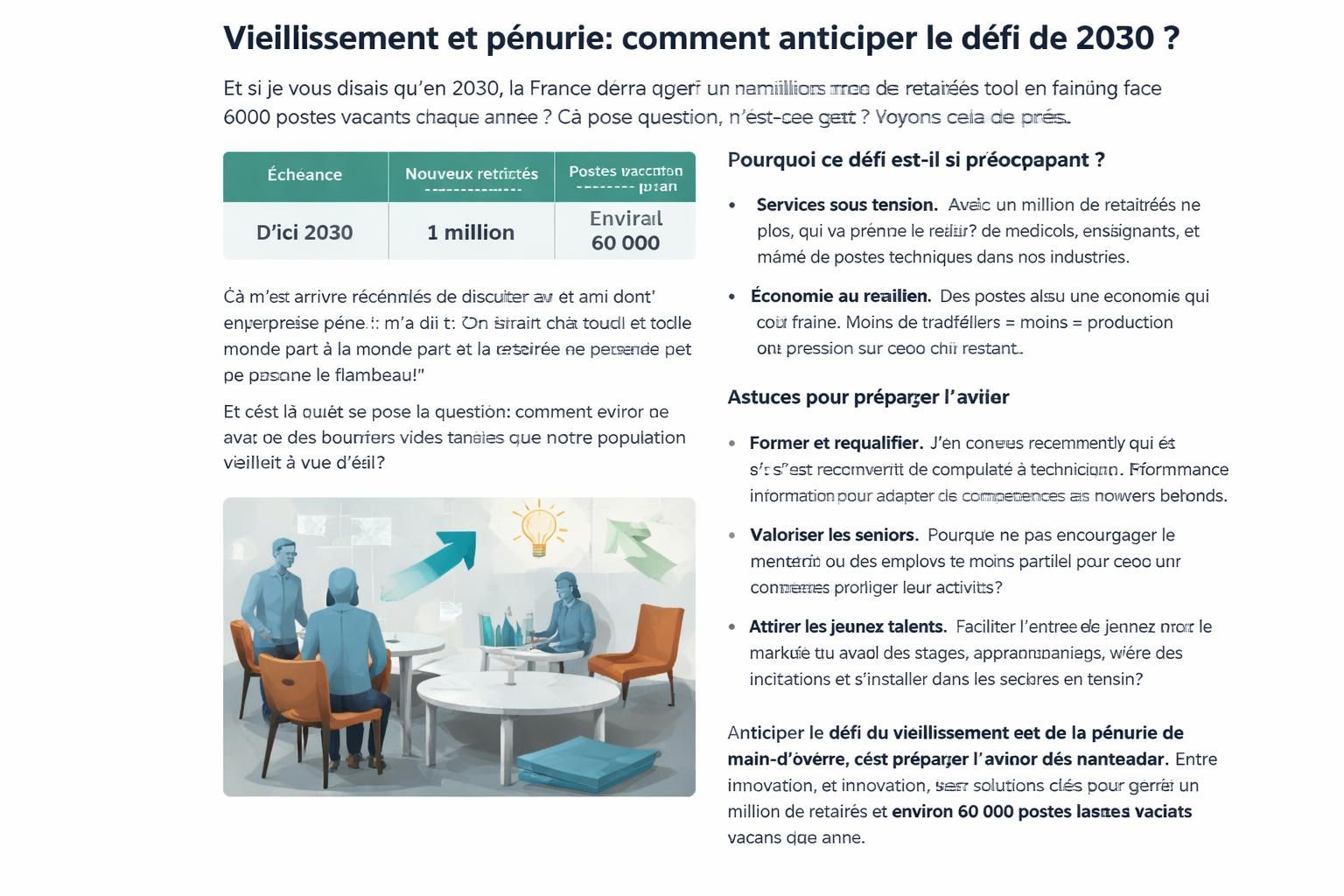d'ici 2030, la france devra gérer un million de retraités, posant un défi majeur au gouvernement face aux 60 000 postes vacants annuels. analyse des enjeux et des solutions envisagées.