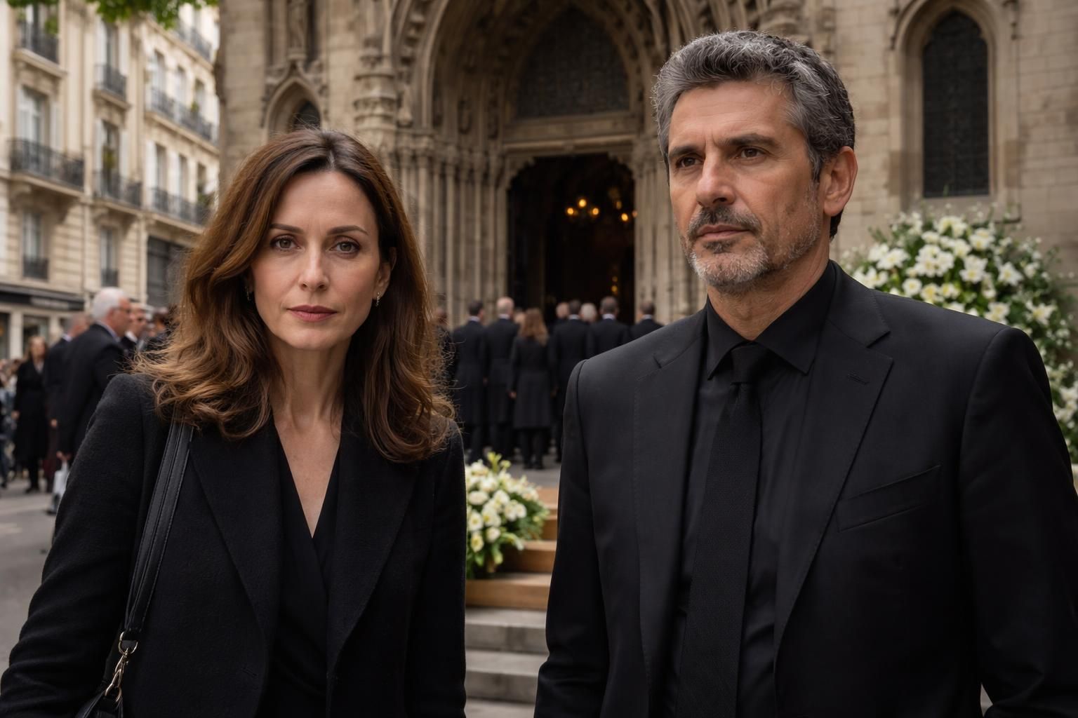 elsa zylberstein et pascal elbé assistent aux obsèques de nadia farès à l’église saint-jean-de-montmartre à paris, le 24 avril 2026, rendant hommage à l'actrice disparue.