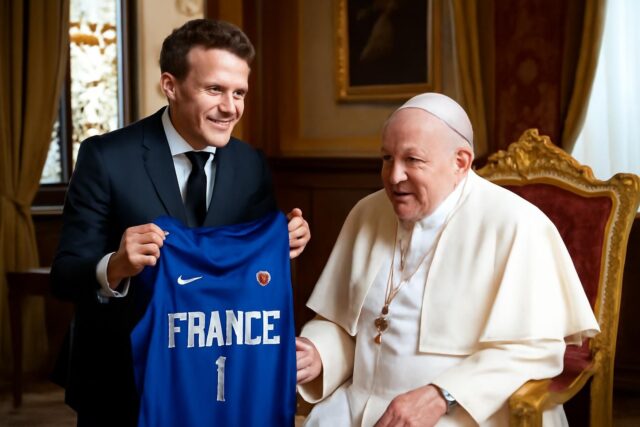 Emmanuel-Macron-presente-un-maillot-de-lequipe-de-France-de-basket-au-pape-Leon-XIV-lors-dune-rencontre-exceptionnelle-640x427 Nicolas Sarkozy face à son destin dans l'affaire du financement libyen