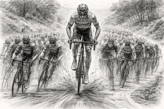 Evenepoel-senvole-dans-un-peloton-dune-cinquantaine-de-coureurs-Pogacar-et-Seixas-pris-au-piege-la-course-senflamme-des-les-premiers-kilometres-640x427 Découverte des participants et des favoris du Renewi Tour 2025