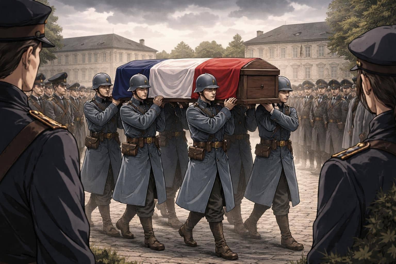 découvrez l'hommage solennel rendu à anicet girardin lors du départ de son cercueil de la place d'armes de suippes (marne), accompagné par le rythme poignant de la marche funèbre.