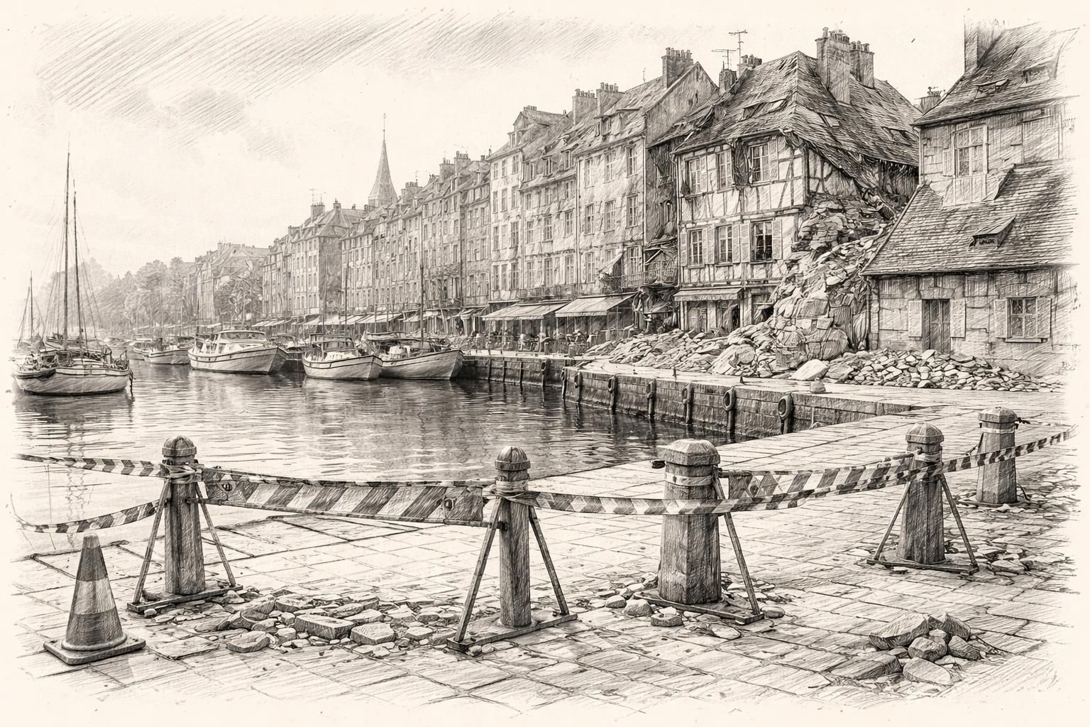 honfleur : fermeture partielle du port en raison de risques d'effondrement de bâtiments, vigilance et mesures de sécurité en place.