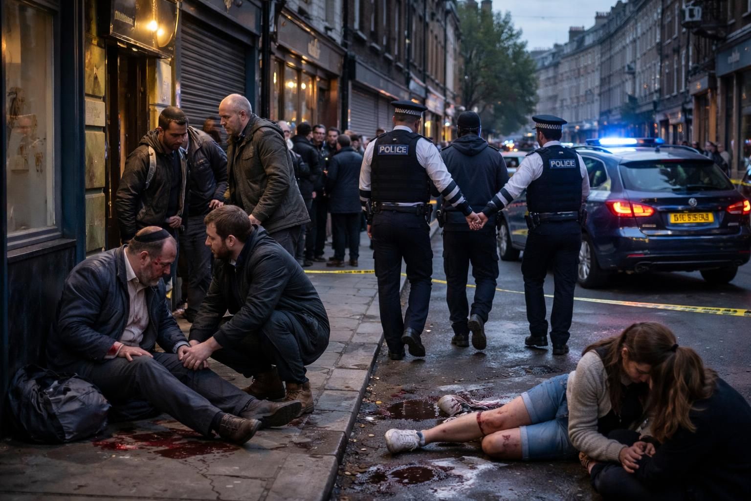 une attaque au couteau dans un quartier juif de londres a fait deux blessés. un suspect a été interpellé par les autorités.