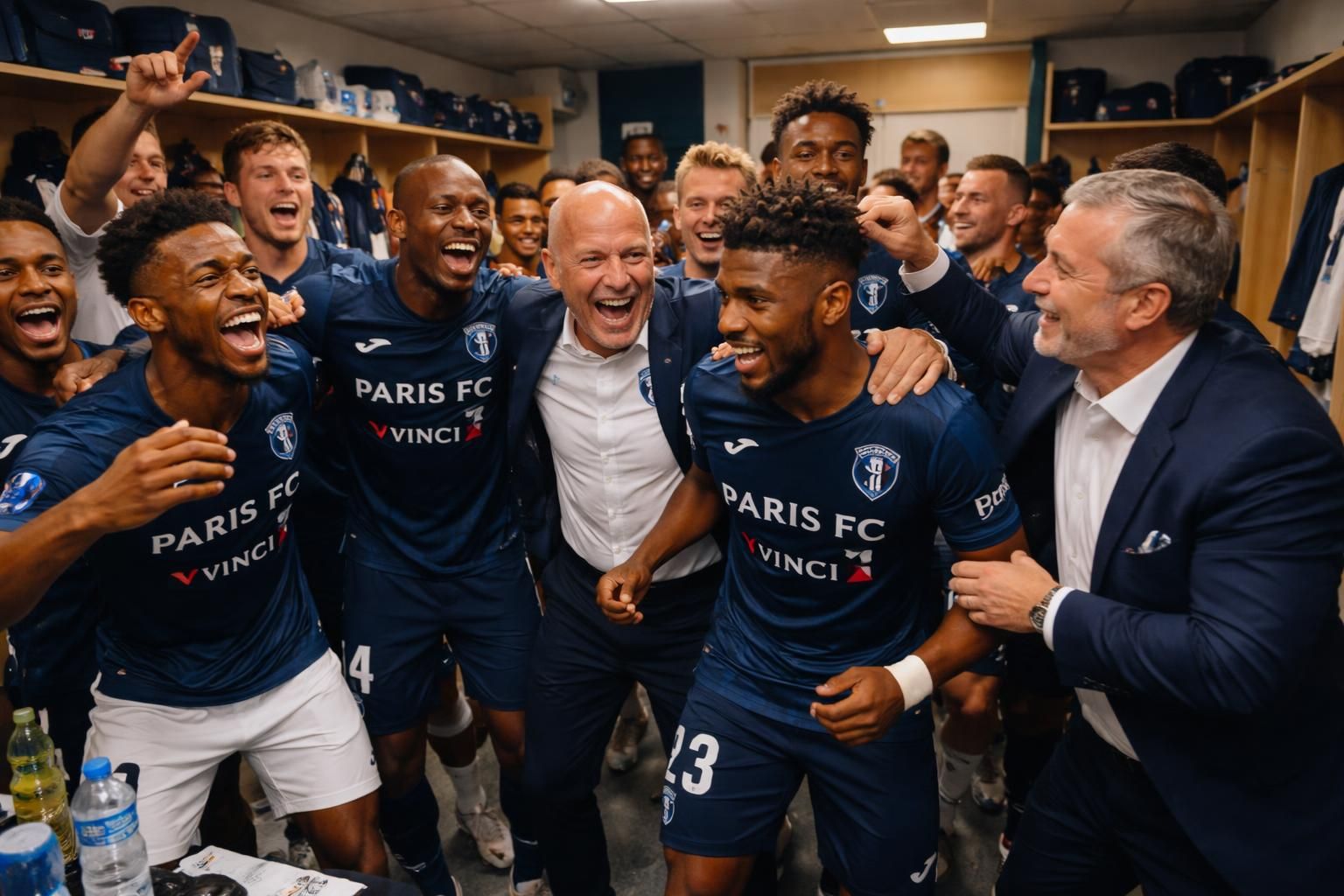 découvrez les coulisses du maintien en ligue 1 avec la joie intense dans le vestiaire, un entraîneur ravi et les taquineries amusantes du président envers le paris fc.