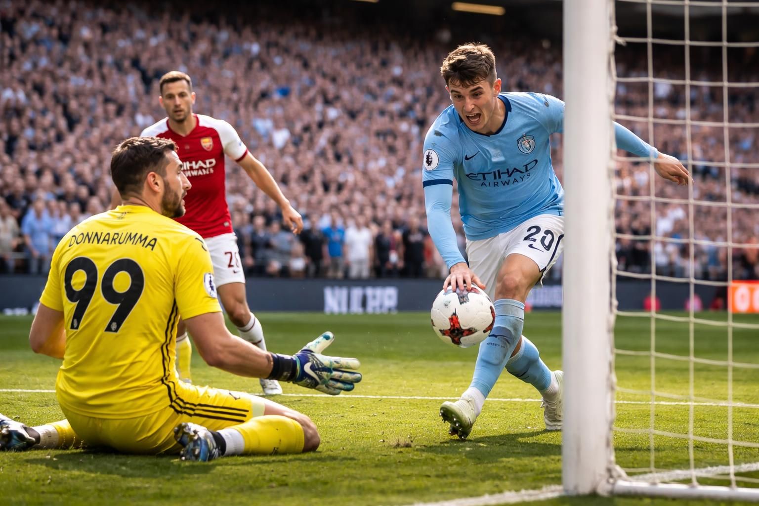 suivez le match en direct entre manchester city et arsenal (1-1) avec la bévue de donnarumma offrant un but à havertz, une égalisation cruciale pour arsenal.