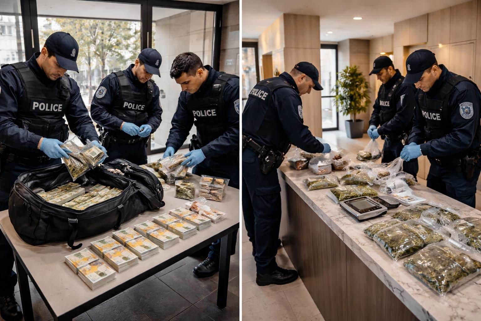 saisie importante de cannabis, cocaïne et argent dans les halls de deux immeubles situés près de la métropole de lyon, illustrant une opération de lutte contre le trafic de drogue.