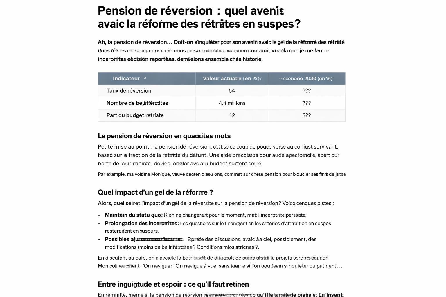 découvrez comment le gel de la réforme des retraites pourrait affecter l'avenir de la pension de réversion et les conséquences pour les bénéficiaires.