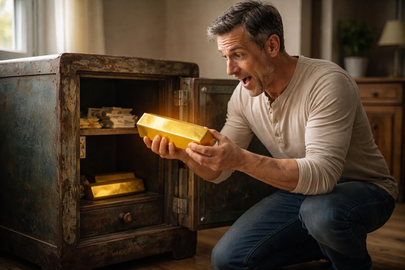 pour seulement 15 €, un homme achète un coffre-fort d'occasion et découvre un lingot d'or caché d'une valeur de 33 000 €. une incroyable trouvaille pleine de surprise !