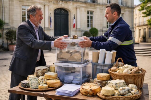 Saintes-un-ancien-elu-battu-aux-municipales-restitue-son-materiel-orne-de-specialites-fromageres-corses-640x427 Municipales à Cholet : Gilles Bourdouleix conteste la victoire d'Isabelle Leroy et demande l'organisation d'un nouveau scrutin