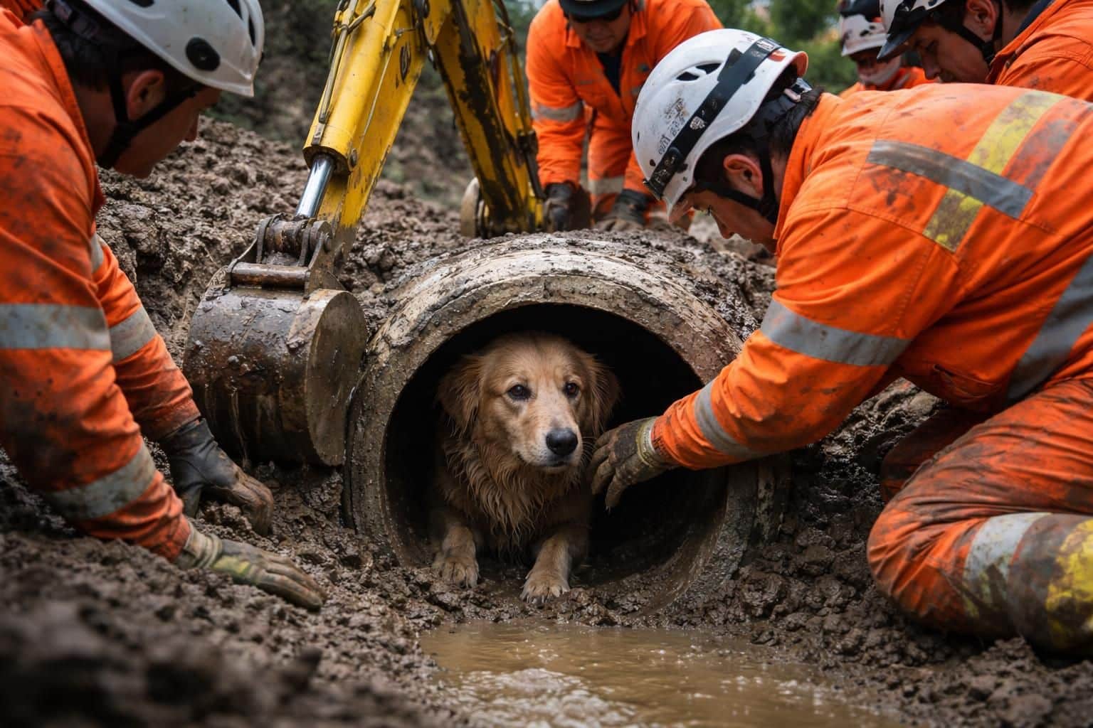 découvrez comment un chien a été héroïquement secouru d'une canalisation grâce à l'intervention rapide d'une mini-pelle.