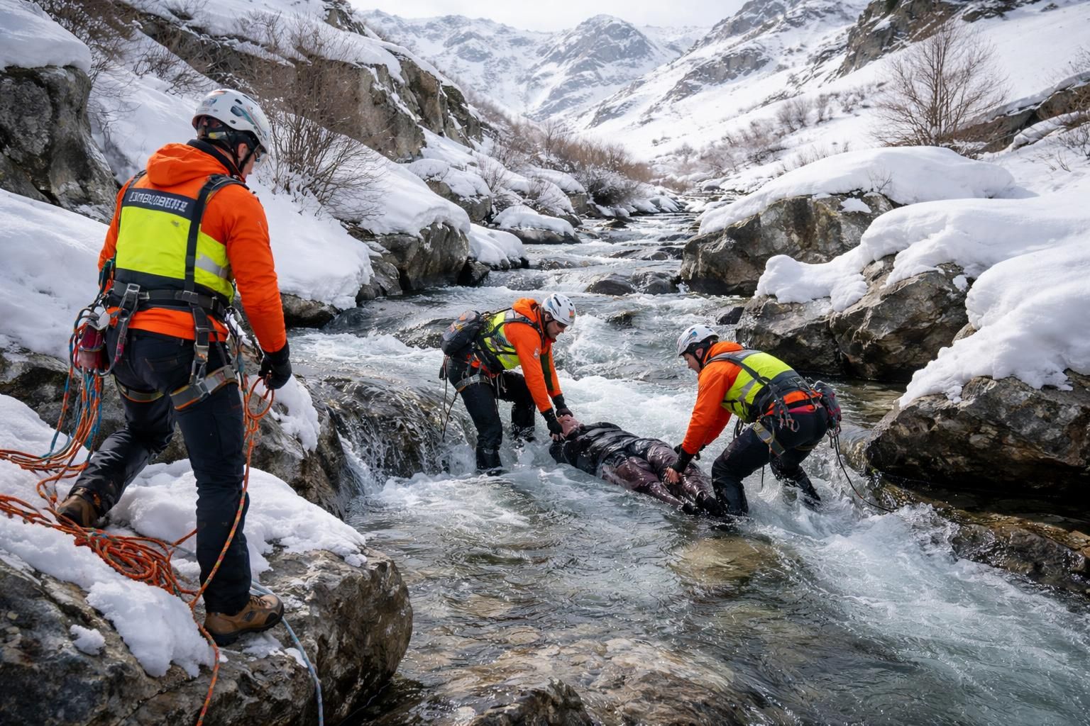 les secouristes du pghm interviennent à val thorens en savoie pour retrouver un corps dans un ruisseau lors d'une opération de recherche.
