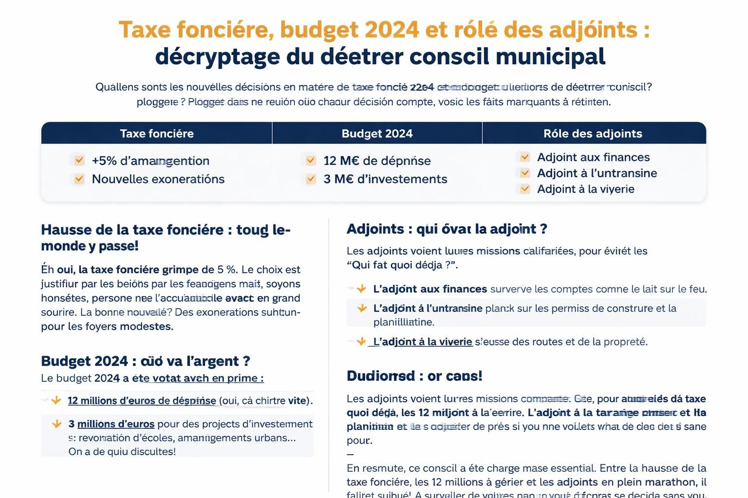découvrez les principales décisions du dernier conseil municipal de v..., incluant la taxe foncière, le budget 2024 et le rôle des adjoints dans la gestion locale.