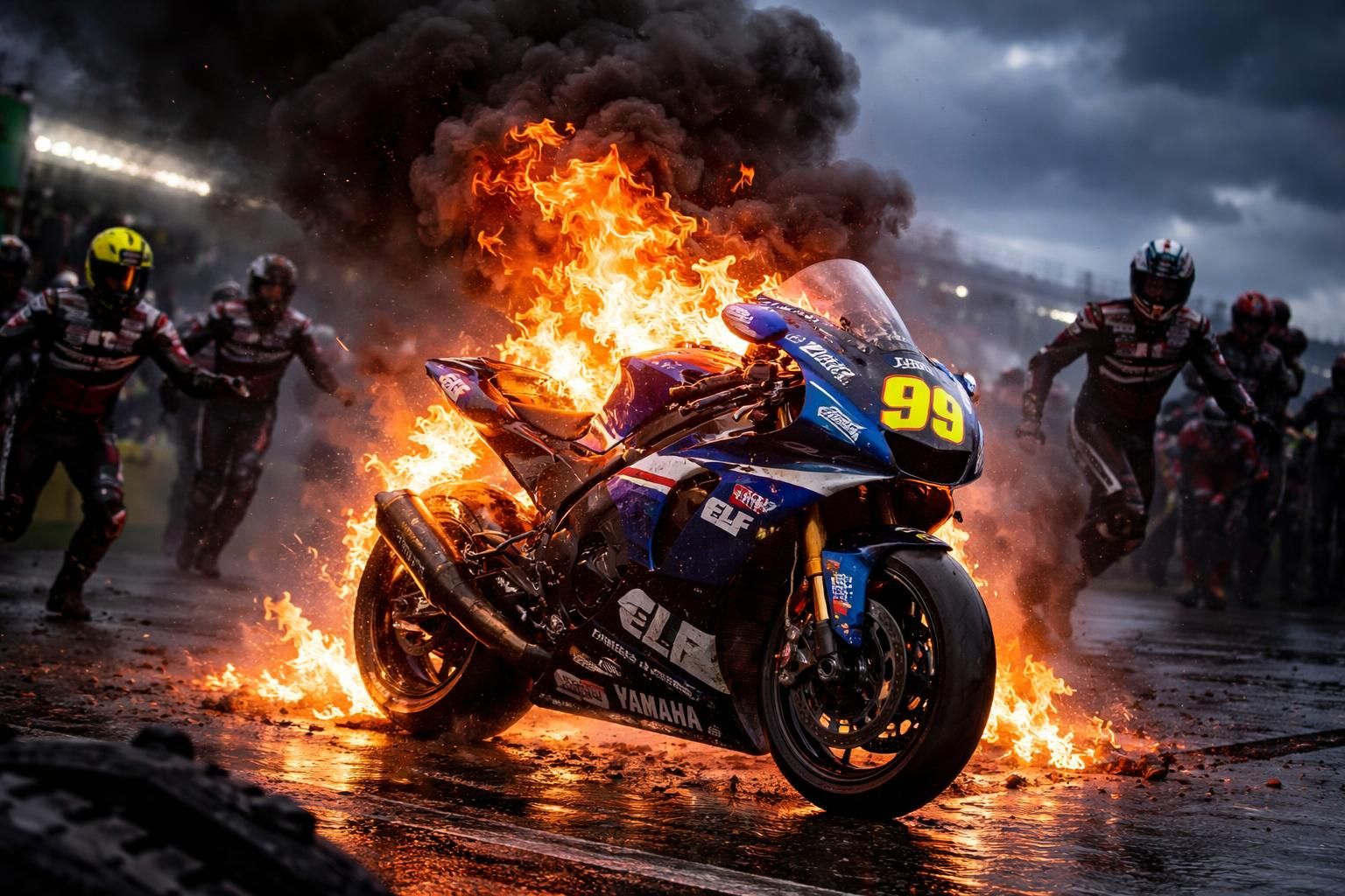 revivez l'incendie spectaculaire de la yamaha n°99 lors des 24 heures motos et découvrez les raisons de l'abandon du team elf marc vds racing / km99.