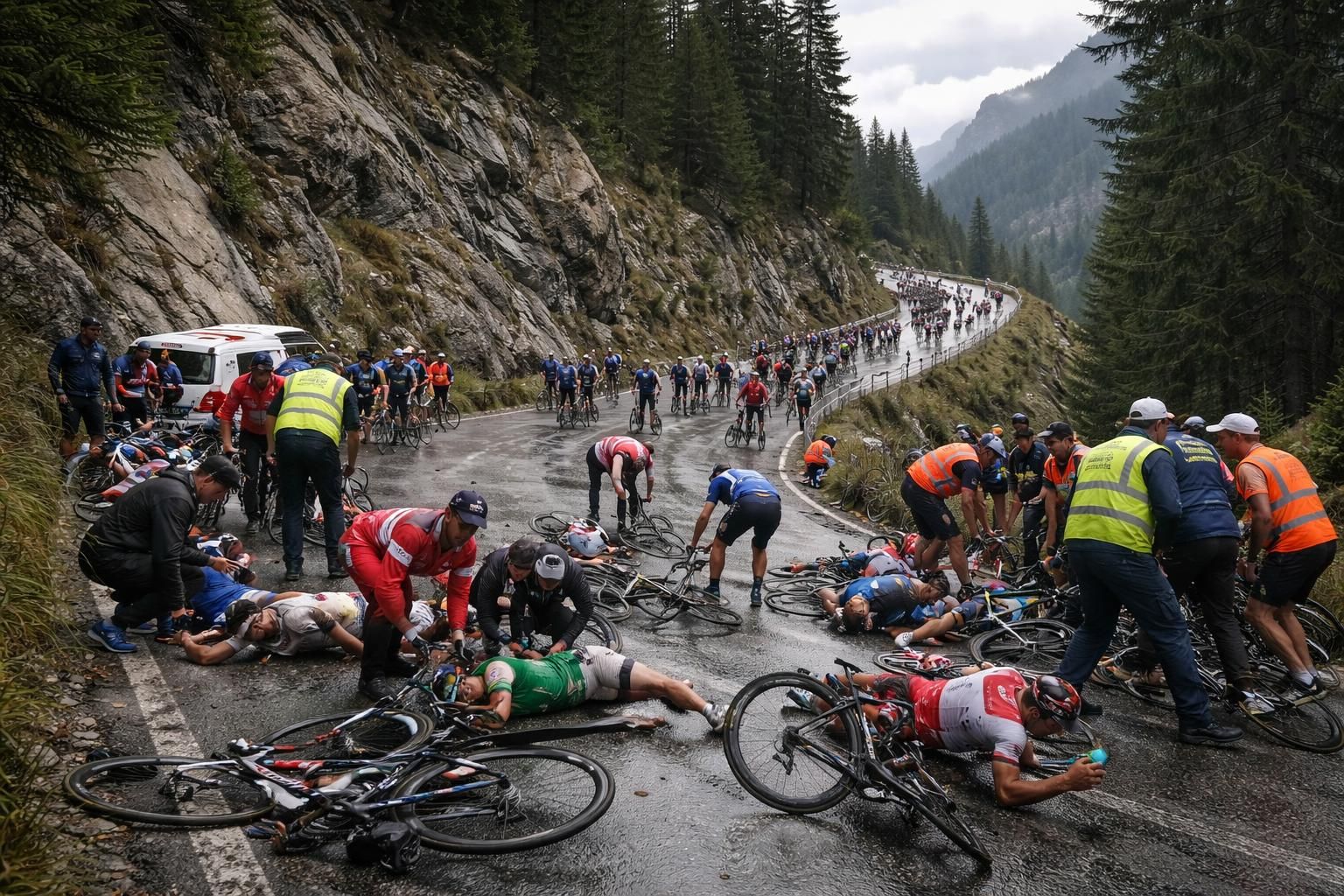 regardez la vidéo du tour des alpes où une chute spectaculaire dès le 1er kilomètre entraîne plusieurs abandons et l'arrêt prématuré de la course, impactant fortement la compétition.