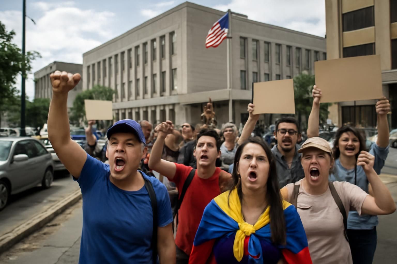 au venezuela, des manifestants se rassemblent devant l’ambassade américaine pour réclamer une augmentation des salaires, exprimant leur mécontentement face à la situation économique.