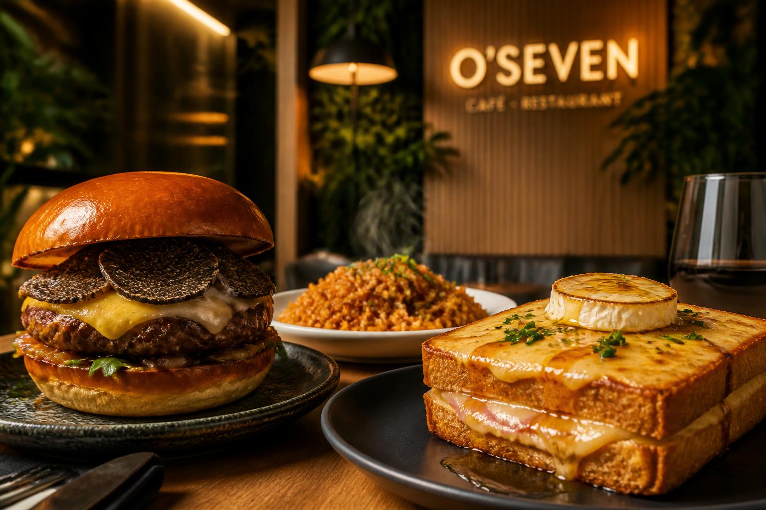 découvrez o’seven à quimper, un restaurant qui émerveille les papilles avec ses créations gourmandes telles que le burger à la truffe, le riz croustillant et le croque-monsieur chèvre-miel.