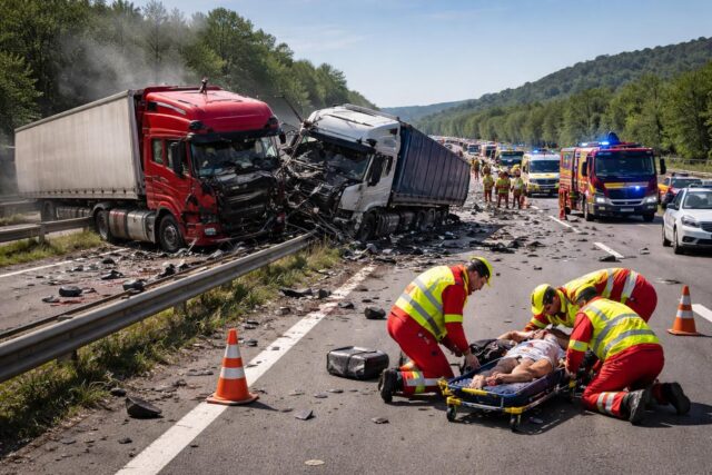 Choc-spectaculaire-sur-lA61-un-camion-franchit-le-terre-plein-et-percute-un-autre-poids-lourd-un-blesse-grave-et-trafic-totalement-interrompu-640x427 Après un accident sérieux, la rocade de Rennes devrait rouvrir entre 10 h et 10 h 30 ce mercredi