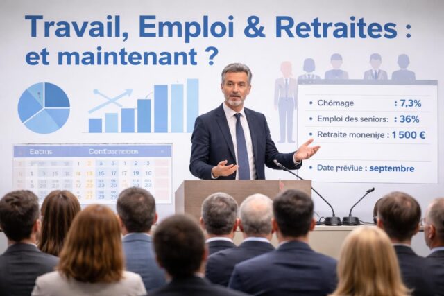 Conference-sur-le-Travail-lEmploi-et-les-Retraites-publication-du-rapport-final-prevue-pour-septembre-640x427 En bref : Réforme des retraites, sécurité, entente avec Édouard Philippe… Les points clés à ne pas manquer