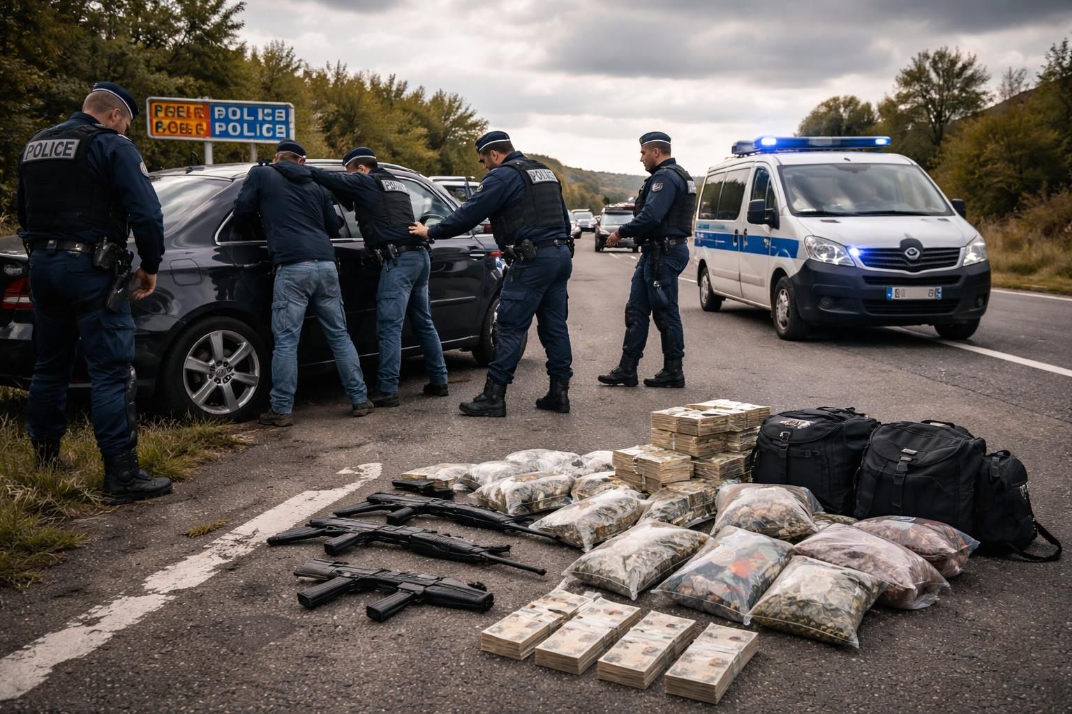 un contrôle routier en normandie conduit à l'arrestation de narcotrafiquants en possession d'armes, de drogues et de fonds blanchis, mettant en lumière une opération policière importante.