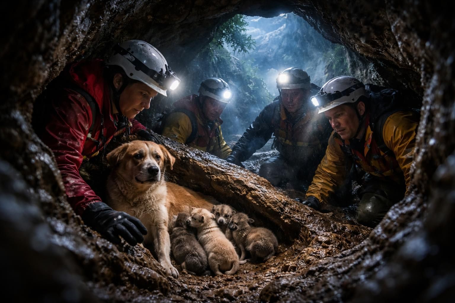 découvrez le courage exceptionnel de bénévoles héroïques qui s'engagent dans une cavité étroite pour sauver une chienne et ses 5 chiots avant l'arrivée d'un violent orage. une histoire de dévouement et de bravoure à ne pas manquer.
