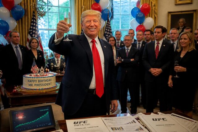 Donald-Trump-epingle-pour-un-conflit-dinterets-majeur-apres-lachat-dactions-de-lUFC-quil-celebre-en-promotion-lors-de-son-anniversaire-a-la-Maison-Blanche-640x427 OL : Le coup de tonnerre est lancé, le processus de vente officialisé à Lyon !