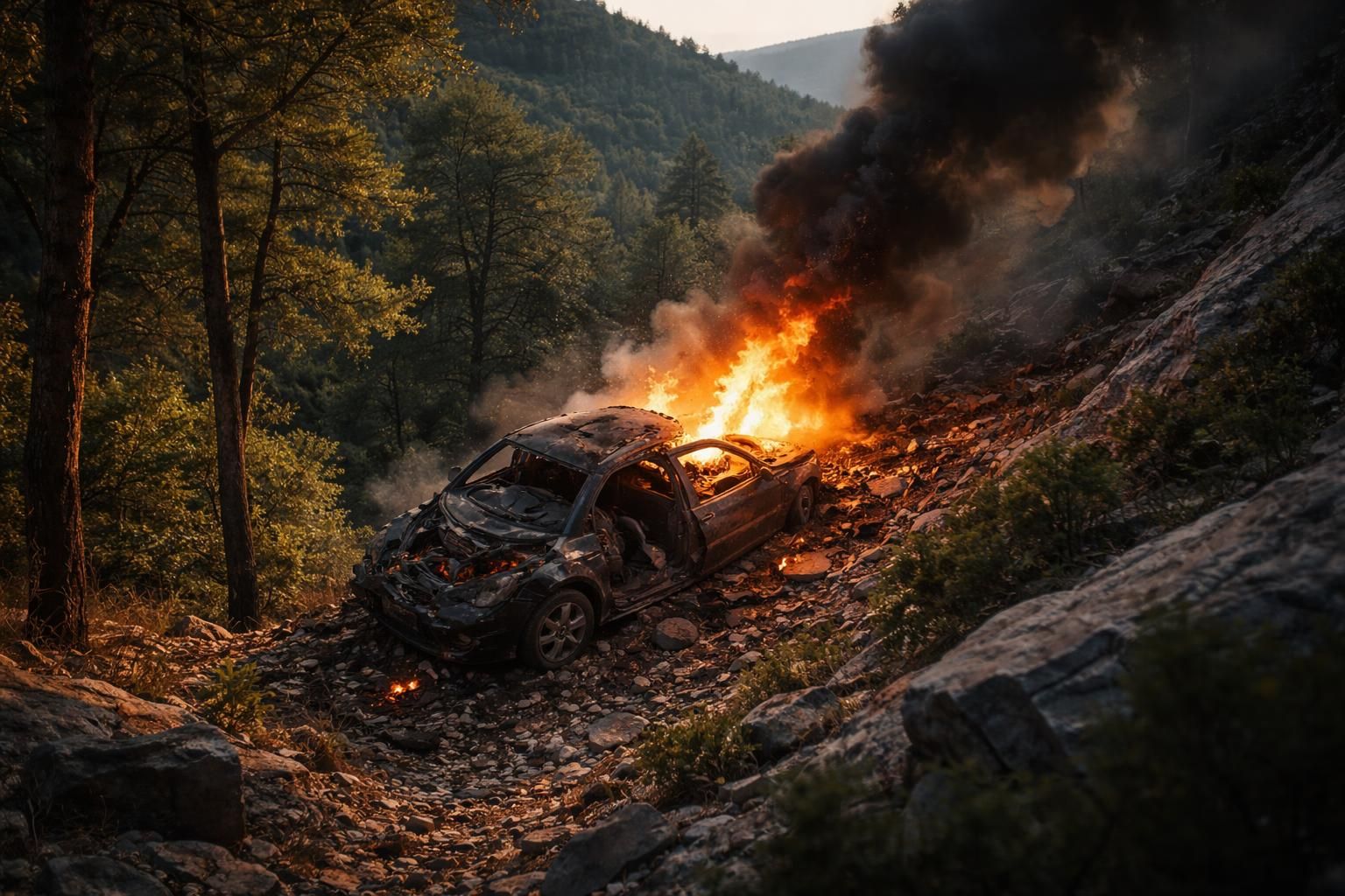 tragique accident en ardèche : une voiture chute de 20 mètres et s’enflamme, causant au moins quatre victimes. découvrez les détails de ce drame.