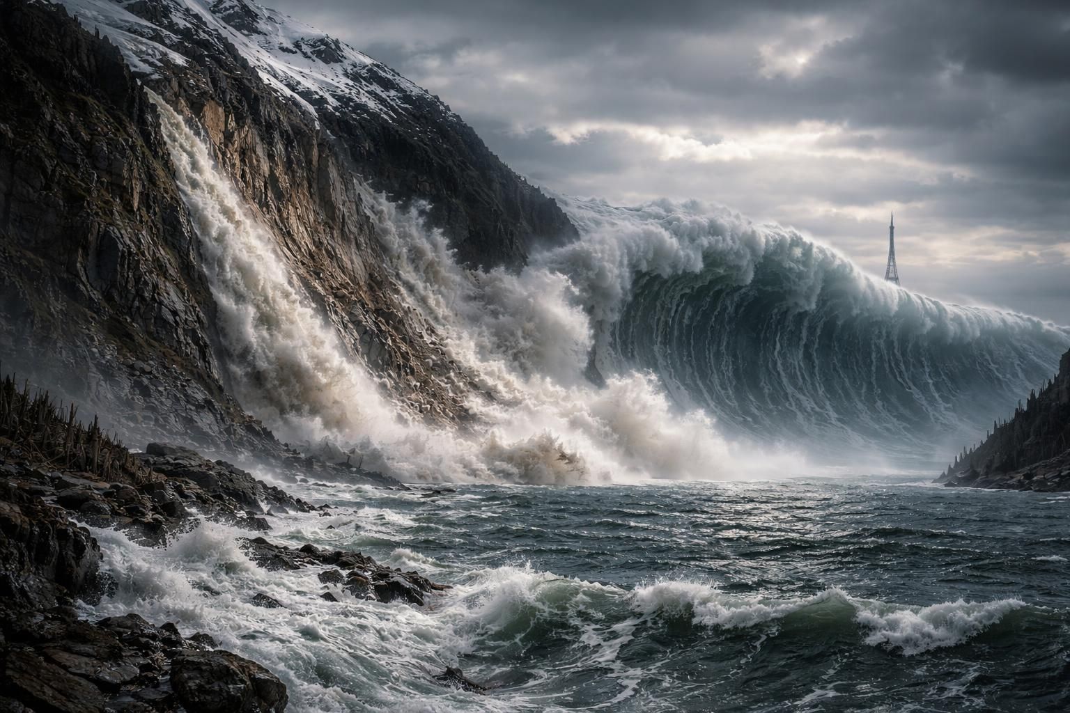 en alaska, un gigantesque glissement de terrain déclenche un tsunami exceptionnel dont la vague dépasse la hauteur de la tour eiffel, provoquant des dégâts importants et une alerte majeure.