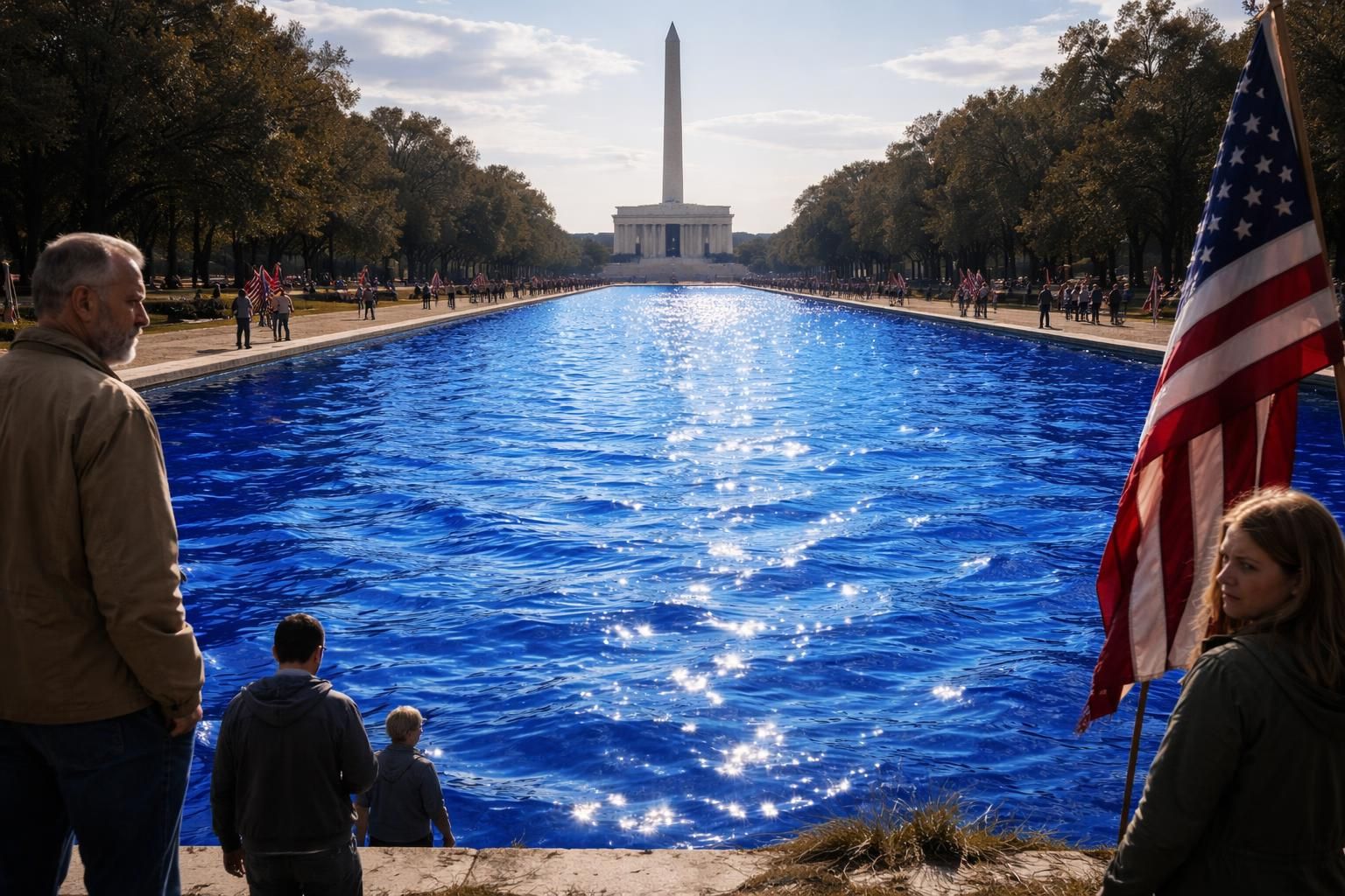 découvrez comment trump a métamorphosé le miroir d'eau de washington en un éclatant bleu drapeau américain, tout en faisant face à des malaises persistants dans le pays.