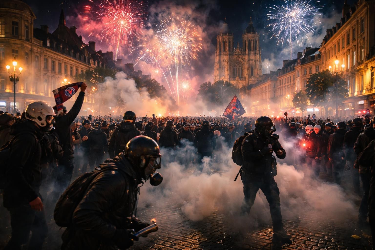 ambiance électrique à amiens lors des festivités de la victoire du psg en ligue des champions, marquée par des feux d’artifice spectaculaires et des interventions au gaz lacrymogène.