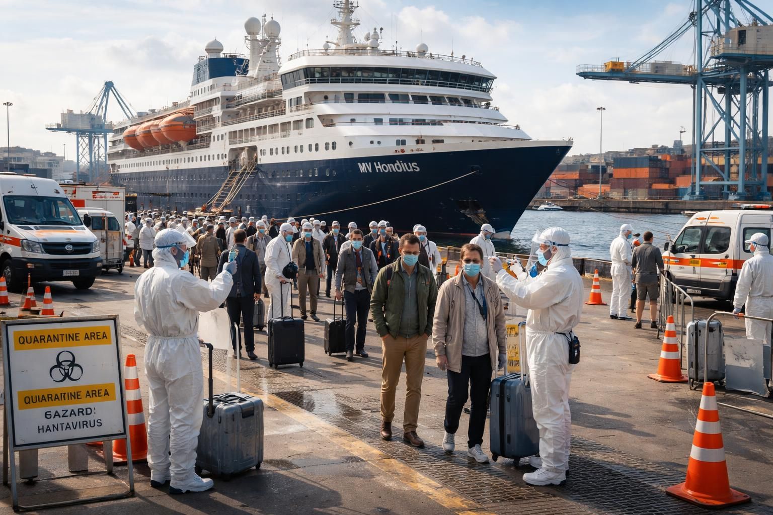 découvrez le débarquement sous haute surveillance sanitaire des passagers du mv hondius en raison du risque hantavirus, illustré par des images exclusives.
