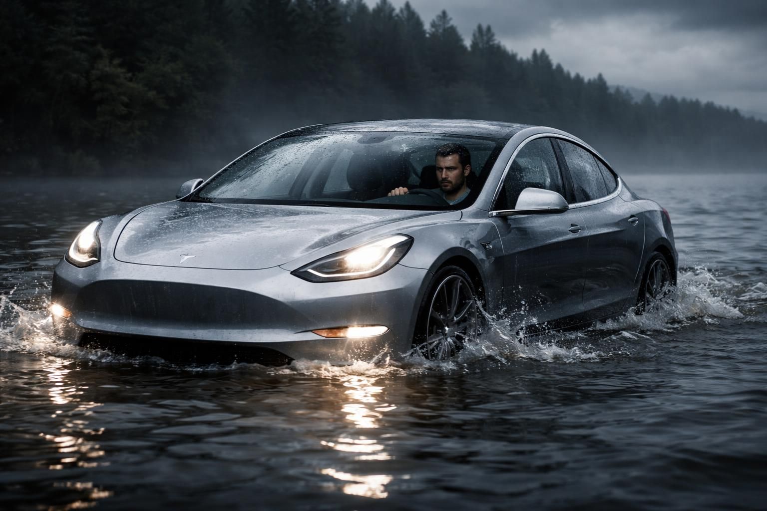 un homme teste le mode « passage à gué » de sa tesla en plongeant délibérément dans un lac, avec des résultats dramatiques et des conséquences inattendues.