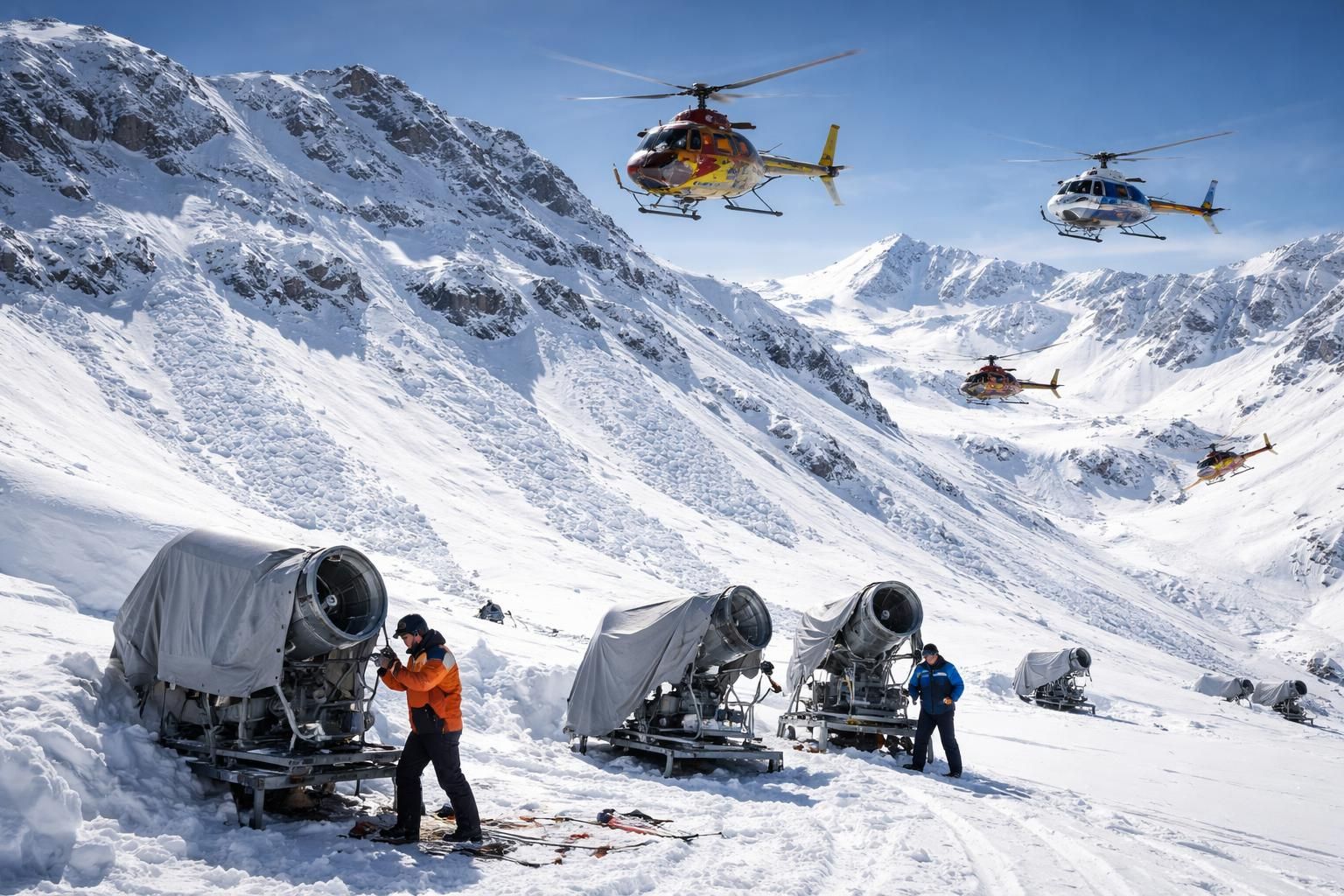 découvrez le spectacle impressionnant des hélicoptères à la mongie avec 25 avalanches déclenchées cette saison. les canons à neige sont actuellement en pause pour révision.