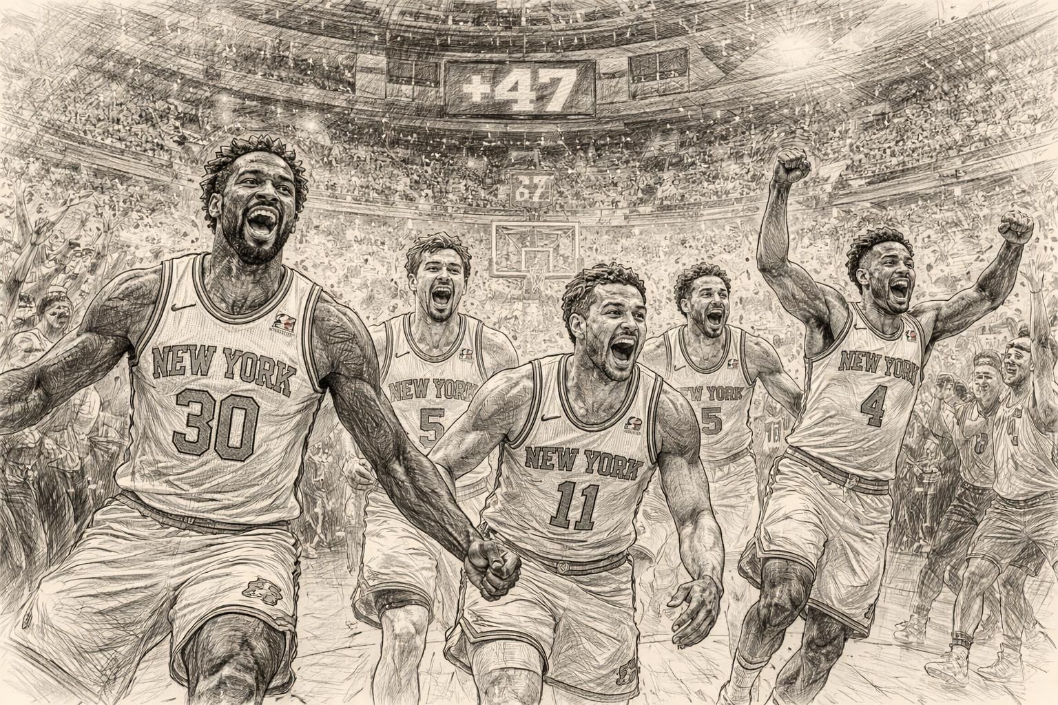 les knicks réalisent une performance historique avec une première mi-temps à +47 points, un exploit relayé par qub radio.