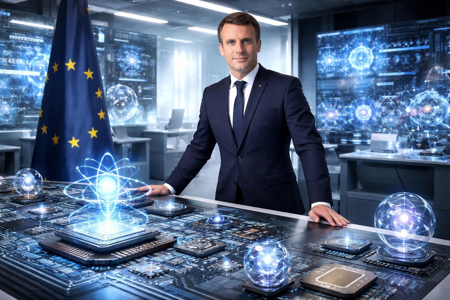 macron annonce un investissement de 1,55 milliard d'euros pour accélérer la révolution quantique et les semi-conducteurs, appelant à un effort massif et coordonné au niveau européen.