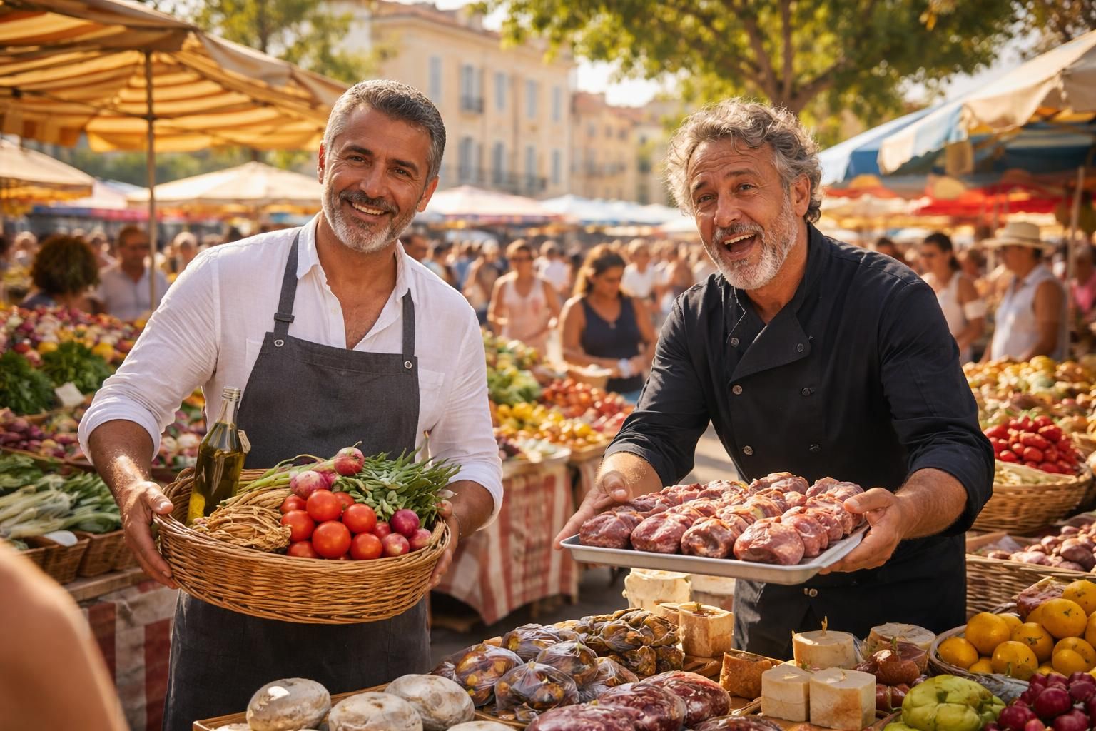 découvrez le marché des producteurs à saint-tropez avec pierre augé et pascal flori, artisans passionnés du lien gourmand, dans les nouvelles gastronomiques.
