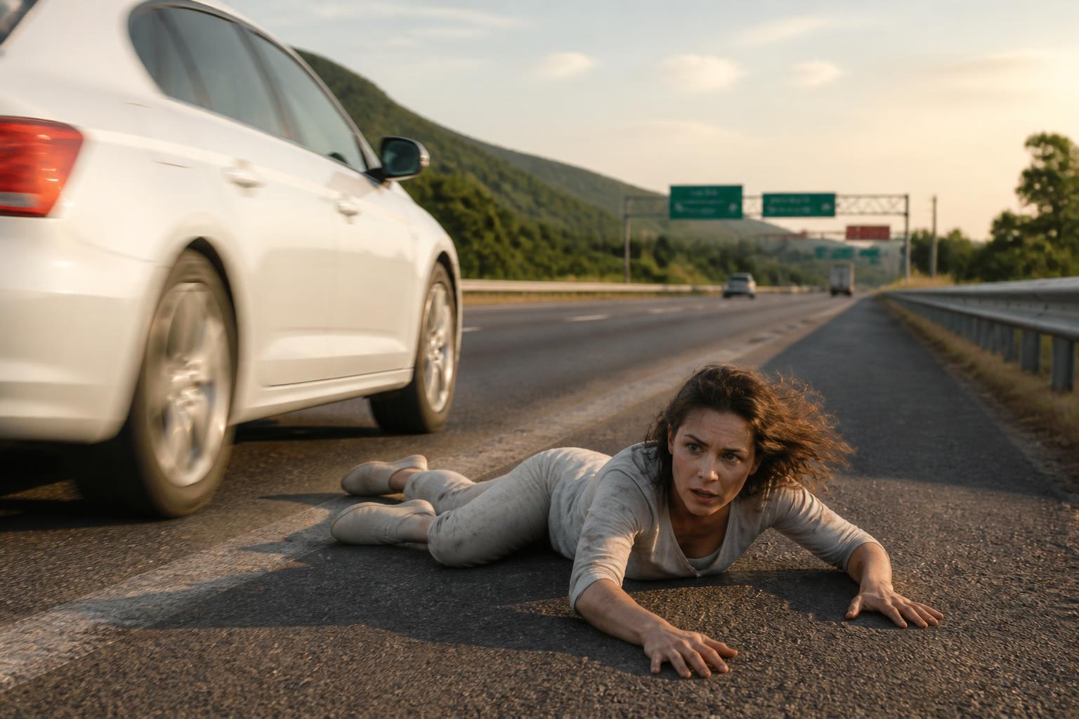 une femme de 33 ans survit de manière incroyable après s'être volontairement jetée d'une voiture roulant à 100 km/h, un véritable miracle sur l'autoroute.