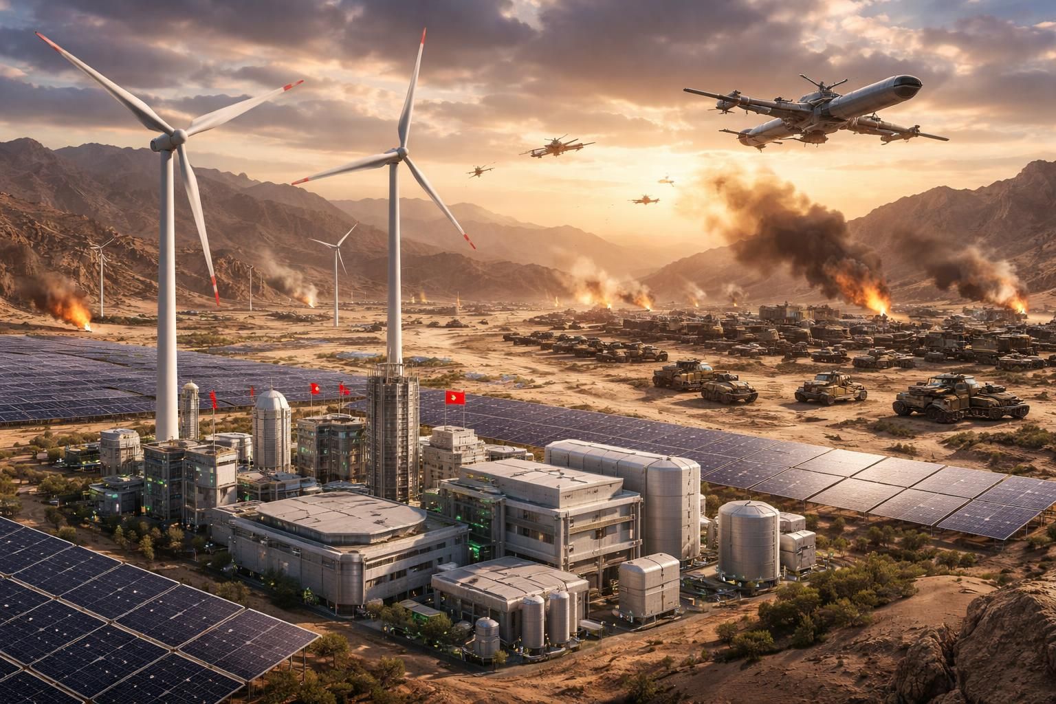 analyse des stratégies chinoises au moyen-orient, mêlant enjeux énergétiques renouvelables et développement de l'industrie militaire dans un contexte de conflit.