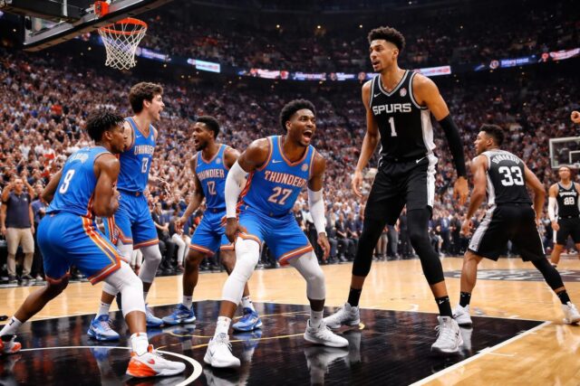 NBA-Le-Thunder-reduit-lecart-et-egalise-1-1-contre-les-Spurs-de-Wembanyama-en-finale-de-conference-Ouest-640x427 NBA : Duel épique en perspective entre les Celtics et les Wolves en plein cœur des conférences - TrashTalk