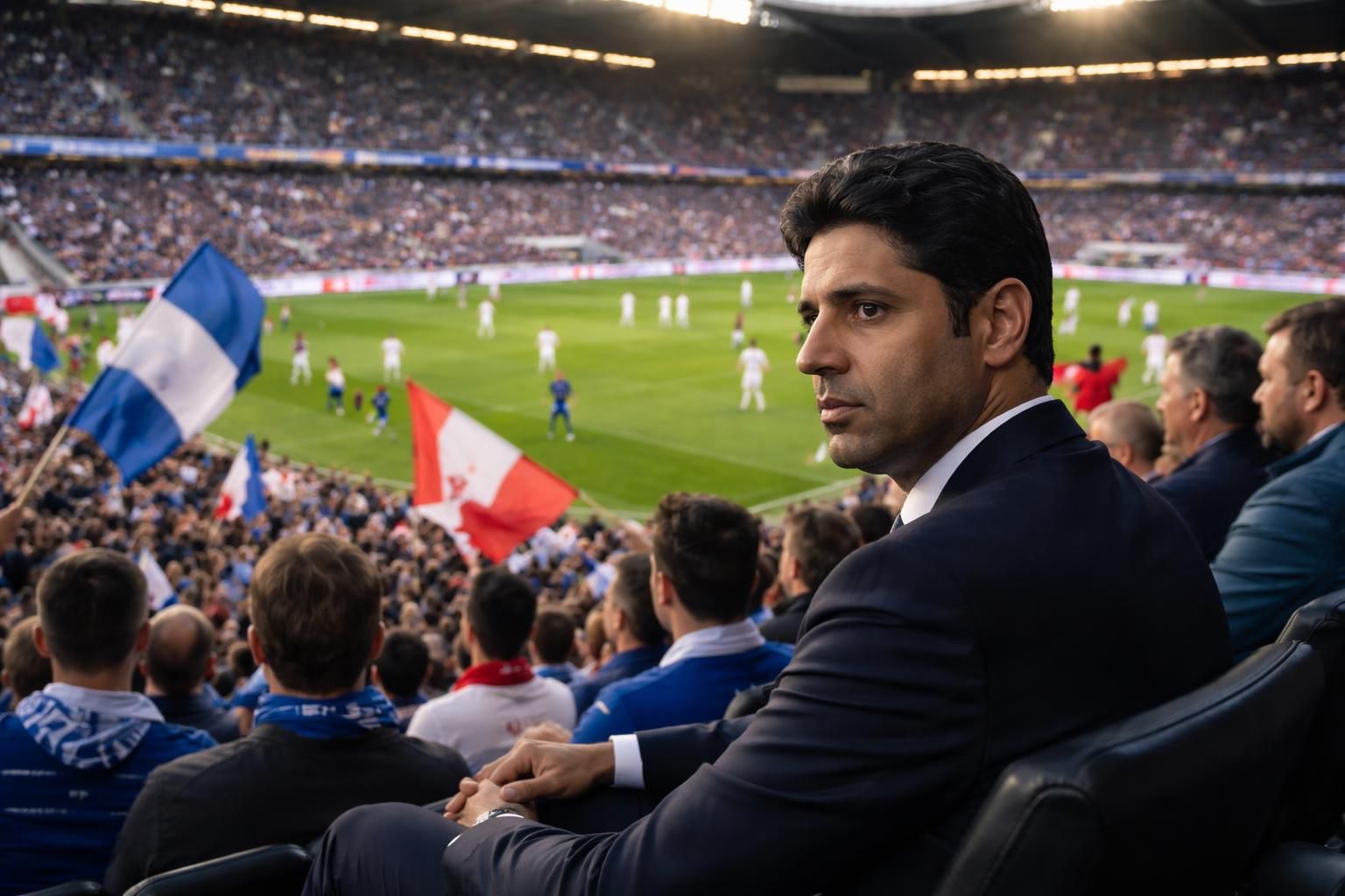 nasser al-khelaïfi assiste au match strasbourg-rayo vallecano depuis les tribunes du stade de la meinau, suivant de près ce duel intense.