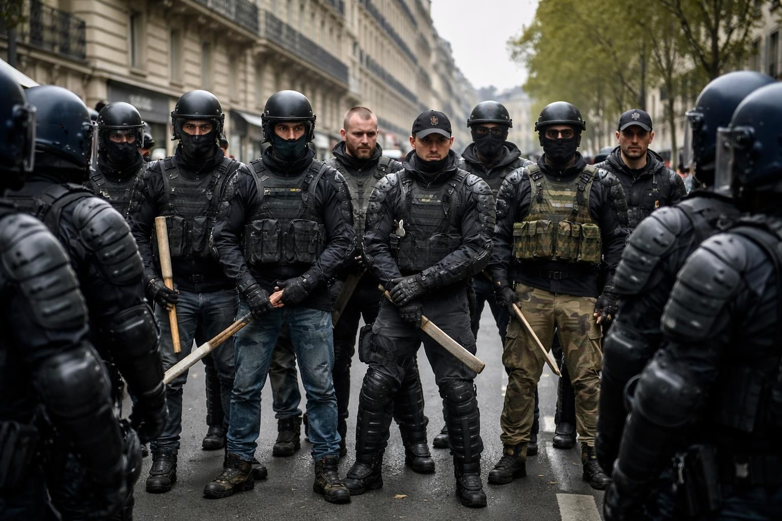 neuf militants d’ultradroite interpellés à paris lors d’une manifestation interdite organisée par le comité du 9 mai, en possession d’armes blanches et d’équipements de protection.