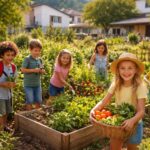 les enfants du centre social est d'oyonnax découvrent avec enthousiasme les richesses du jardin partagé, un lieu d'apprentissage et de découverte en pleine nature.